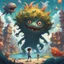 Placeholder: In a vivid, otherworldly landscape, a mischievous boy with wild hair, wielding a torch, strides past quirky monsters and peculiar structures. To his left, a giant, toothy fish-creature looms large, while various bizarre beings, both airborne and grounded, populate the intricate scene. A floating island holds whimsical buildings, and a looming tree casts shadows, framing the fantastical setting.