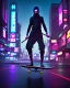 Placeholder: photo of a ninja riding a skateboard; in an alternate universe in tokyo; cyberpunk; realistic; rain; neon signs