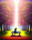 Placeholder: park mystical dream, park bench, man, woman, child, dog, trees, path, bird, sunshine, mystical, fantasy, romanticism, pastel colors, daylight, daytime, acrylic painting, detailed, soft focus,