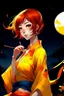 Placeholder: (Asian), short hair, fiery red hair hair, yukata, yellow clothes, 8k, best quality, winking, very dark night time, lighting from moon yellow moon, perfect, masterpiece