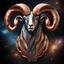 Placeholder: An original image featuring an Aries Ram composed entirely of metals: copper, silver, and bronze. The Ram's distinctively shaped horns are made of bright, reflective copper, standing out against its body, which creatively blends silver and bronze to create a metallic texture that conveys strength and elegance. This Ram is set against a mesmerizing galactic background, surrounded by the deep black of outer space, dotted with stars and swirling galaxies. The cosmic setting adds a mystical mood.