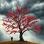 Placeholder: create a wide watercolor painting of a bare, ancient tree with vivid red blossoms under a stormy autumn sky, lightning illuminating grey clouds, icy-necked black-and-white vulture watching silently, amber leaves scattered, fading background, emotional depth, apocalyptic and contemplative tone --v 7 --ar 16:9