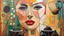 Placeholder: abstract paint from Lady in big hat , vibrant colors, folk art, non-figurative mode, style combined abstract art with dadaism, patchs, black lines, surrealism style