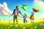 Placeholder: a father, a girl and a boy with a kite flying in the sky on the green field with flowers in sunshine