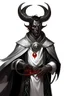 Placeholder: En Young male black skin black hair tiefling Wizard with large horns glowing Silver and White symbols Everywhere on his body. He's wearing silver and White Rope and a silver cloak. His horn a perfectly place on acet from the front to the back pointing upwards with glowing Red cat Eyes. His close is elegant get simple his horns Are Same size.