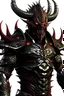 Placeholder: Alien muscular armored body, covered in metallic and organic scales that shimmer with a dark, molten glow.head is adorned with sharp, metallic horns that curve backward. eyes glow red. circuit-like patterns tattoos,wear a spiked leather jacket, metal spikes and chains,arms and legs are muscular and clawed