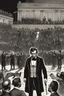 Placeholder: Create a powerful visual representation of the moment Booth fires a single shot into the back of Abraham Lincoln's head. Convey the shock and chaos among the audience as the gunshot reverberates through the theater