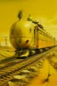 Placeholder: An orangish yellow clockwork station with a train painted by Salvador Dali