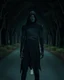 Placeholder: a stalky darkman standing with gaps between the bandage wraps revealing a hollow emptiness, on a treed roadway at night