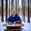 Placeholder: a sad Finnish man without food on his plate, outside his house in the forest, Winter, snow, very cold, Finnish flag down at half way up, Finnish flag, a bottle of Koskenkorva in his hand, knifes and sauna