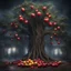 Placeholder: Hyper Realistic massive huge tree with pomegranate & mango fused fruits outside a haunted house at thick fogy night