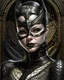 Placeholder: Young faced voidcore etherial catwoman catwoman portrait adorned with leather r ivory filigree caved catwoman masque with metallic filigree catwoman ribbed mineral stone ornated ivory masque and ivory caved and leather and mineral stone ribbed cat woman dress organic bio spinal ribbed detail of voidcore decadent gothica background extremely detailed hyperrealistic maximálist concept portrait art