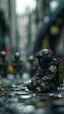 Placeholder: aiming on one knee, mask, sci-fi visor, bald head, armed figure, weapon in hand, aiming, plate armor, insulated armor, spacesuit, lots of small details, sci-fi movie style, on a ruined city street, overcast, photography, bokeh like f/0.8, tilt-shift lens 8k, high detail, smooth render, down-light, unreal engine