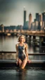 Placeholder: beautiful anorexic young woman, total shot, shiny anthracite triathlon swimsuit, short blond wavy bob hair, blurred city background