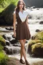 Placeholder: full body shot of realistic, portrait and full body of a woman standing next to rocky river in country side, beautiful face with nice make up, sunlight, cinematic light, bangs, a beautiful woman, beautiful eyes, brown curved hair, perfect anatomy, very cute, princess eyes , (blue eyes) , nice sport shoes ,Centered image, stylized, life size,8k Resolution, low-cut dress with small blue details, human hands, wonder full, elegant, approaching perfection, dynamic, highly detailed, character sheet,