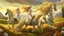 Placeholder: Fantasy digital art: fairies with golden hair, and white dresses descend from fluffy clouds towards a meadow with brown horses