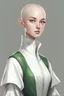 Placeholder: full length colour drawing, portrait, 22-year old friendly slender female human cleric, shaved head, light eyebrows, grey eyes, wearing white (10%0 and dark green (80%)