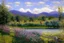 Placeholder: Sunny day, clouds, mountains, flowers, fence, grass, trees, distant trees, philip wilson steer impressionism painting