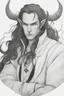 Placeholder: A dnd character portrait, a tiefling man with long hair and long black horns, white eyes and pale skin. Handsome.