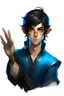 Placeholder: a young half elf man sea sorcerer black hair, small pointy ears and blue eyes. Doing finger guns