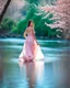 Placeholder: beautiful girl in pretty pink -blue dress walking in water toward camera in trees next to wavy river with clear water and nice sands in floor.camera capture from her full body front, spring blosom