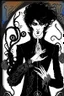 Placeholder: black haired young man necromancer wizard with gothic jewelry and tentacle fingers in the style of Aubrey Beardsley