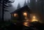 Placeholder: a lighted logged cabin enclosed by a forest but seen in the perspective of someone who has just approached the house, the entrance is in the center of the photo facing the viewer. This photo takes place in a misty night.