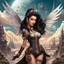 Placeholder: exotic sci-fi steampunk pin-up girl, with long dark hair and wings, on an alien planet with cloud trees, tall spires, buildings, bridges, arches