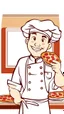 Placeholder: A design of a chef holding A plate of pizza his hand in a professional manner, without the background, He smiles and closes one of his eyes, cute cartoon ,Only his upper body is shown