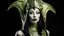 Placeholder: pale alien woman wearing a metallic alien headdress, wearing exotic clothing. Black hair bob