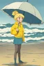 Placeholder: In the music video, a 23-year-old woman with blonde hair and bright blue eyes stands in the sea, se has a bun, dressed in a yellow fisherman's jacket. She holds an umbrella, but it offers no protection from the pouring rain. The rain pours through the umbrella. The rain under the umbrella is heavy paint petrol blue, the rain transforms through the umbreella She is paitend blue because of the blue rain drops. The rain is pouring heavily. She is standing in the middle of the sea.