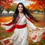 Placeholder: Hyper Realistic Photographic-View of Extremely-Beautiful Young Happy Pashto Girl With Long-Black-Hair-Beautiful-Eyes-&-white-frock-with-red-shawl-with-white-embroidery Whirling-&-smiling in Autumn-Weather with cloudy sky in-an-Autumn-garden-with-orange-leaves-whirling-&-grass-arches showing dramatic & cinematic ambiance.