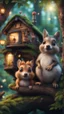 Placeholder: magazine cover with black border, adjust hue for evening, close up portrait of sleepy dog bug squirrel couple with weird huge eyes in a tree house in wonderful enchanted magical forest by river,bokeh like f/0.8, tilt-shift lens 8k, high detail, smooth render, down-light, unreal engine, prize winning