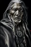 Placeholder: a photo of an Native american indian man with ethnic jewelry, grey hair and grey flowing robe, in style of Annie Leibovitz, contemporary portrait of a mature yet beautiful and modernist man, black and grey, detailed masculine face, swirling fluid smokey enigma, award-winning artwork