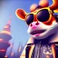 Placeholder: Cow toddler, smile, steampunk headphone, sunglass, gangsta neckless, full body, orange puffer jacket, tokio background, dramatic lighting, hyper realistic, unreal engine 5, 16k