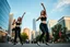 Placeholder: modern city wide street,pretty city scape at background ,blue sky , young beautiful ladies in pants and top ,hip-hop dancing