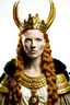 Placeholder: a redheaded woman valkyrie queen with two braids, gold crown, fur cloak, strong, muscled body, white background, portrait, (masterpiece),