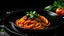 Placeholder: Spaghetti italian pasta served on black plate with tomato sauce and parsley in the restaurant italian food and menu concept / spaghetti bolognese on black background