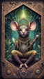 Placeholder: mandala style framed playing card illustration, close up portrait of an ace happy blessed ancient magical scaly slimy weird mouse alien tuba star mad max soldier posing for photo shoot on a throne, holding a burning sceptre, in a space alien mega structure with stairs and bridges woven into a sacred geometry knitted tapestry in the middle of lush magic jungle, bokeh like f/0.8, tilt-shift lens 8k, high detail, smooth render, down-light, unreal engine, prize winning