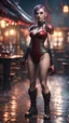 Placeholder: full figure with boxing gloves, standing on wet tiled floor outside fantasy tavern, female vampire elf from worms armageddon wearing makeup, bokeh like f/0.8, tilt-shift lens 8k, high detail, smooth render, down-light, unreal engine, prize winning