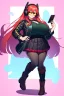 Placeholder: pretty young girl, red long haired, nice smile, sunglasses, headphones, nice body, big bubs and nice legs, little leather jacket, skirt and boots rocker fashion