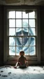 Placeholder: A baby in the crit in front of a big window in an abandoned damaged room, behind the window a face of an ugly hooded creature