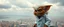 Placeholder: crazy fluffy gremlin maniac scientist in lab coat standing in tower watching city on water