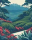 Placeholder: tropical tea plantations,blue mountains background, trees, in the style of poster art, hyper-detailed, richly colored in white background, retro style illustration