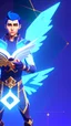 Placeholder: a human male with blue short hair and blue wings in assymetrical armor with geometric patterns and a book in hand, geometric wings