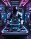 Placeholder: An astronaut playing turntable as DJ player in futuristic, sci-fi armor ,positioned in front of a complex control panel filled with various buttons and switches that are also illuminated, in a background resembling a corridor or chamber adorned with neon lights creating a sci-fi atmosphere, with more neons light colors,play music dj player