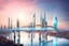 Placeholder: Dreamlike Skyline of Downtown futuristic hightech city in 4050 and a stunning futuristic Bridge During Sunlight with silver and darr grey clouds in sky, over the azur-silver color river, cold colors, high detalied, sci-fi, landscape