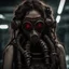 Placeholder: Demonic mechanical creepy aggressive necrophage zombie undead girl with scary red eyes, in a spiky mechanical gas mask with tubes, dark fantasy horror, Filigree, Aesthetically pleasing, Realistic, Professional photo, 4k, hight resolution, higly detailed, 30mm lens, 1/250s, f/2.8, ISO 100