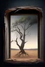 Placeholder: dry tree branch, Extensive deforestation, fewer trees, una ventada suspendida en la nada, a través de la qual se puede observar diferentes mundos