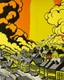 Placeholder: An orange colored western town engulfed in smoke painted by Roy Lichtenstein